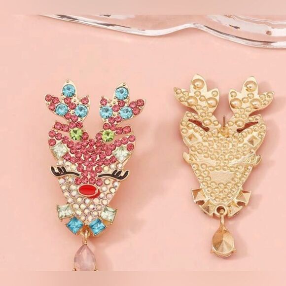 Vintage inspired Christmas Retro Deer Dangling Earrings,  Pink, Blue Jewels, - Picture 2 of 3